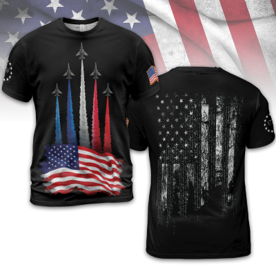 Men's Independence Day American Flag Jet Planes Print Casual Tee TID44